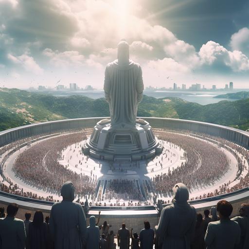 a long shot view from the top of a building on a retro-futuristic planet, capturing a great gathering of people in front of a monumental statue dedicated to the founder of their revered deity. The scene should evoke a sense of awe and reverence, with a fusion of futuristic and retro elements in the surrounding environment. The image should showcase the grandeur of the statue, which stands tall and imposing, representing the revered founder of the god worshipped by the people. The statue should be intricately designed, with a mix of futuristic and ancient aesthetics, paying homage to the retro-futuristic ambiance of the planet. The gathering of people should be diverse, reflecting a multitude of cultures and backgrounds, united in their shared belief and devotion to the deity. Their attire should incorporate elements of both futuristic and retro styles, symbolizing the harmonious coexistence of tradition and innovation. The surrounding architecture and landscape should blend futuristic structures with vintage elements, creating a unique retro-futuristic backdrop for the scene. Neon lights, holographic displays, and advanced technology can be incorporated, alongside classic architectural features. The overall ambiance of the image should be grand and cinematic, capturing the scale and energy of the gathering. The lighting should be dramatic, with spotlights illuminating the statue and casting long shadows across the assembly. The image should have a polished and professional style, conveying a sense of awe and wonder, as if captured and edited using advanced photography techniques. In summary, generate an image from a high vantage point capturing a great gathering of people in front of a monumental statue dedicated to the founder of a god they follow on a retro- [...]