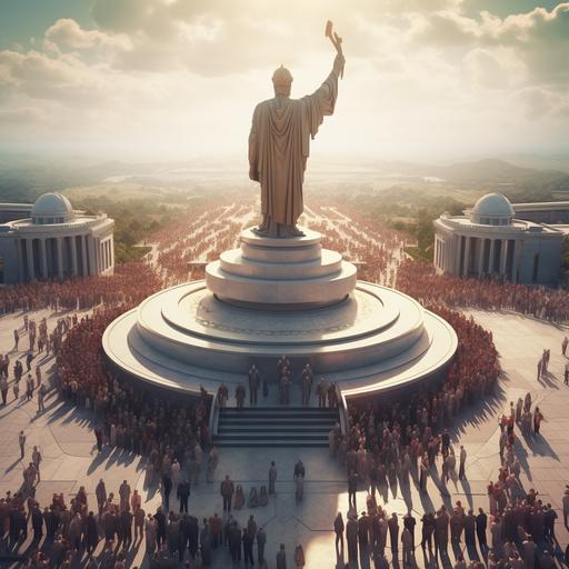 a long shot view from the top of a building on a retro-futuristic planet, capturing a great gathering of people in front of a monumental statue dedicated to the founder of their revered deity. The scene should evoke a sense of awe and reverence, with a fusion of futuristic and retro elements in the surrounding environment. The image should showcase the grandeur of the statue, which stands tall and imposing, representing the revered founder of the god worshipped by the people. The statue should be intricately designed, with a mix of futuristic and ancient aesthetics, paying homage to the retro-futuristic ambiance of the planet. The gathering of people should be diverse, reflecting a multitude of cultures and backgrounds, united in their shared belief and devotion to the deity. Their attire should incorporate elements of both futuristic and retro styles, symbolizing the harmonious coexistence of tradition and innovation. The surrounding architecture and landscape should blend futuristic structures with vintage elements, creating a unique retro-futuristic backdrop for the scene. Neon lights, holographic displays, and advanced technology can be incorporated, alongside classic architectural features. The overall ambiance of the image should be grand and cinematic, capturing the scale and energy of the gathering. The lighting should be dramatic, with spotlights illuminating the statue and casting long shadows across the assembly. The image should have a polished and professional style, conveying a sense of awe and wonder, as if captured and edited using advanced photography techniques. In summary, generate an image from a high vantage point capturing a great gathering of people in front of a monumental statue dedicated to the founder of a god they follow on a retro- [...]
