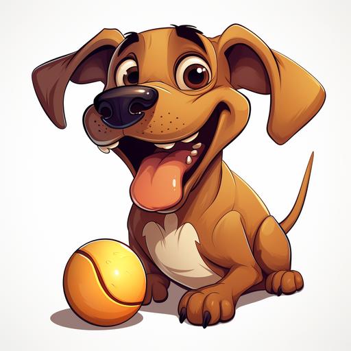 Dark caramel mongrel dog smiling with a tennis ball, cartoon, illustration pack, character modeling, animation style guide, thick black lines, white background, cartoonist