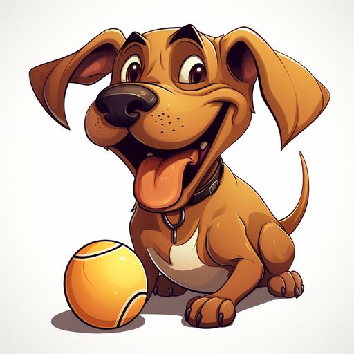 Dark caramel mongrel dog smiling with a tennis ball, cartoon, illustration pack, character modeling, animation style guide, thick black lines, white background, cartoonist