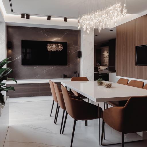 kitchen-dining room design, minimalistic design, white facades, smooth facades without unnecessary details, brown marble on the floor, built-in appliances, TV on the wall, laconic low cabinet under the TV, beautiful crystal chandelier, minimalism style --s 250 --v 5.0
