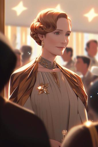 gorgeous and chic mon mothma attends a lavish ecliptic party in her personal salon on coruscant, ecumenopolis, fireworks, awe-inspiring, star wars, 8k --s 999 --niji 5 --ar 2:3