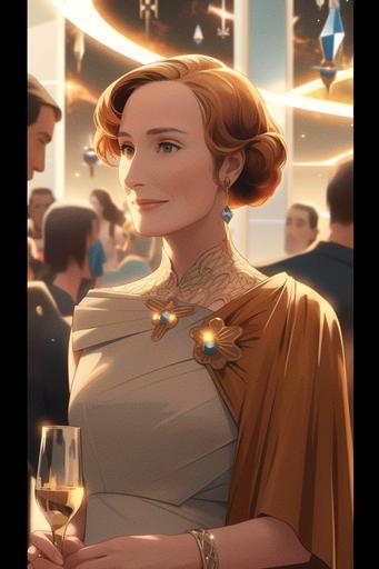 gorgeous and chic mon mothma attends a lavish ecliptic party in her personal salon on coruscant, ecumenopolis, fireworks, awe-inspiring, star wars, 8k --s 999 --niji 5 --ar 2:3