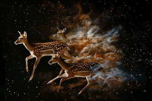 gorgeous beautiful deers running on space, majestic, surrealism, stunning, in black background, dreamcore --v 6.0 --ar 3:2