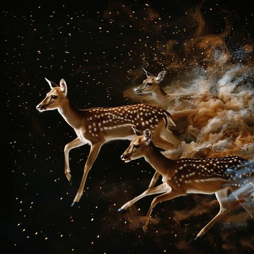 gorgeous beautiful deers running on space, majestic, surrealism, stunning, in black background, dreamcore --ar 1:1 --v 6.0