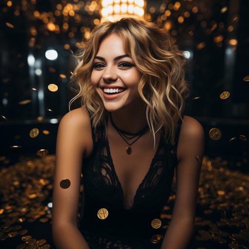 gorgeous blonde woman in a tight short little black coloured cocktail dress , asymmetrical long styled blonde hair, darkish blue eyes, dark eyebrows, mischievous half-smile, thick lashes and pronounced eyeliner, engulfed by a waterfall of golden Bitcoin symbols, smiling gesturing 