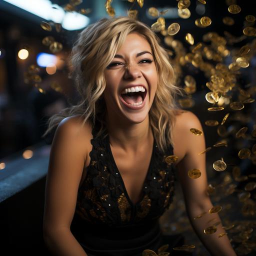gorgeous blonde woman in a tight short little black coloured cocktail dress , asymmetrical long styled blonde hair, darkish blue eyes, dark eyebrows, mischievous half-smile, thick lashes and pronounced eyeliner, engulfed by a waterfall of golden Bitcoin symbols, smiling gesturing 