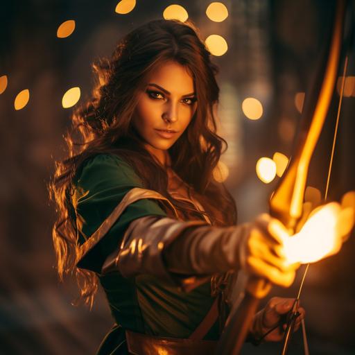 gorgeous female archer ranger dress in a green robe and low cut blouse taking aim with her golden bow and flaming arrow