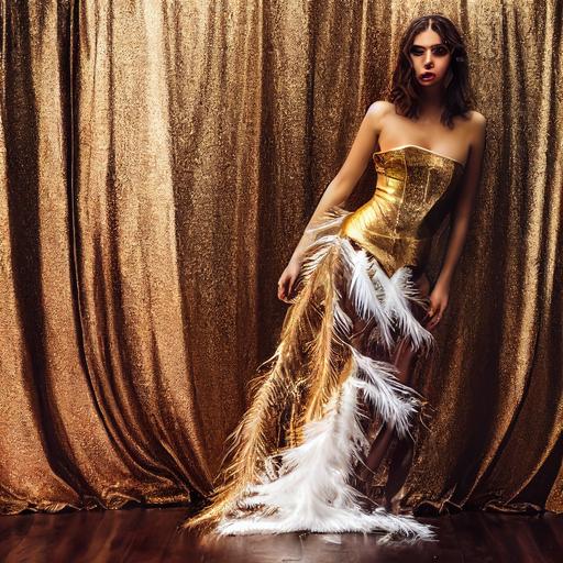 gorgeous girl in gold room, wet short brown hair, actress Ana de Armas , fantasy white feather boa strapless gown, large doe eyes, dynamic pose, view full body, intricate details, , artstation, octane render, 8k, female model cindy crawford or bella hadid as relaxed deity , dramatic  of furry feather dresses , white feather boa, harsh shadows, warm light , wet slick hair, beautiful, , pretty face, , view full body, white feather dress intricate details, gold modern room by Hyung-tae Kim and Krenz Cushart and artgerm on artstation, octane render, 8k  --testp --s 5000 --upbeta
