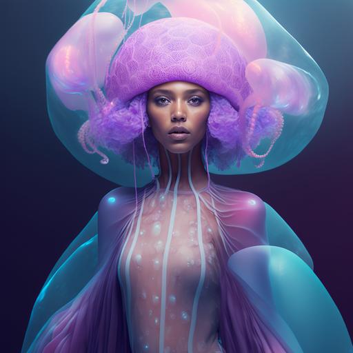 gorgeous high fashion model dressed in jellyfish , pretty colors , elegant , octane render , inner glow , 8k --v 4 --v 4