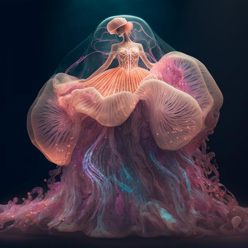 gorgeous high fashion model dressed in jellyfish , pretty colors , elegant , octane render , inner glow , 8k --v 4 --v 4