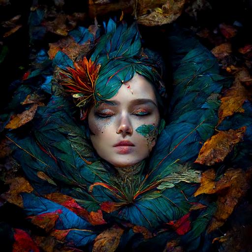 gorgeous lady, covered in peacock and woodpecker feathers,lay down on a bed of leaves,autum, in the jungle blackwood forest