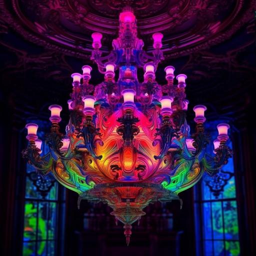 gorgeous neon victorian chandelier hanging in elegant foyer , neo fauvism , sending refracted light all over the room , 3d, hd , intricate , --s 500 --c 25 --weird 500 --v 5.1