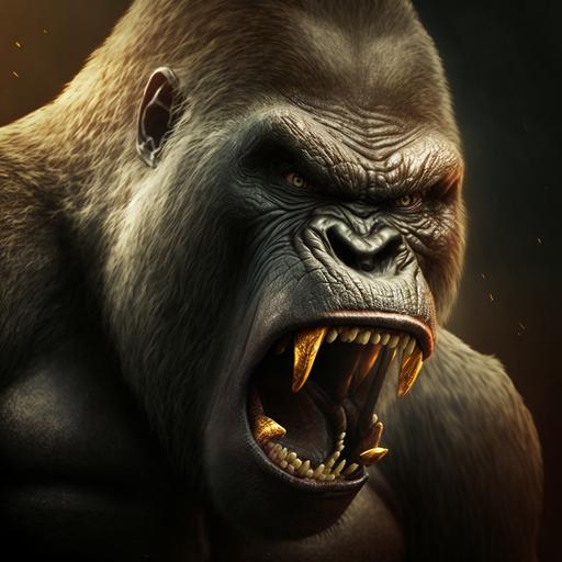 gorilla, big gold teeth, photorealistic, 8k