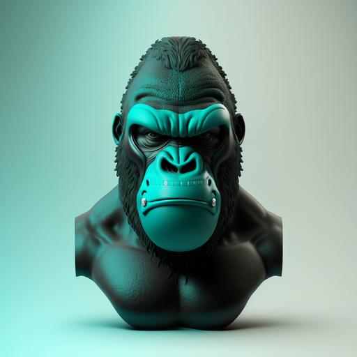 gorilla mask front view with black and turquoise color flying in empty air with simple background, high detailed, 4K, ultrarealistic, 3D, perfect colors, lightning, cinematic