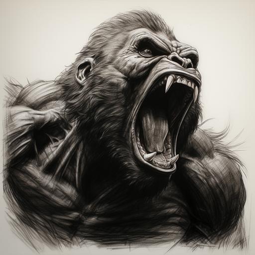 gorilla raging out screaming very muscular, pencil drawing line art