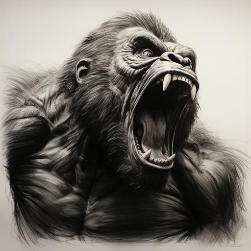 gorilla raging out screaming very muscular, pencil drawing line art