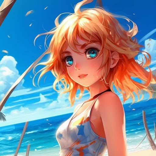 anime girl, bikini,cartoon,beach,sun.summer,blue eyes, beatiful