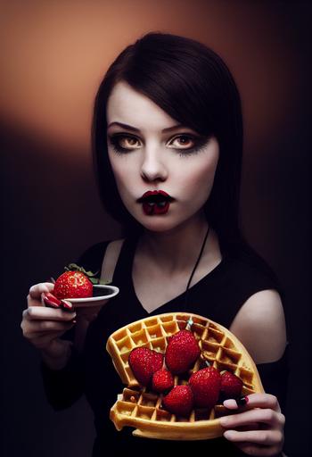 goth girl eating a smley face belgian waffle for breakfast. strawberries. whipped cream. 85mm. photography. volumetric lighting. hyper realistic. 8k. high contrast. fullbody, wide angle. --ar 2:3 --test --creative