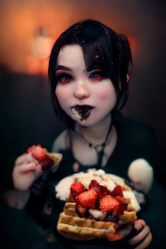 goth girl eating a smley face belgian waffle for breakfast. strawberries. whipped cream. 85mm. photography. volumetric lighting. hyper realistic. 8k. high contrast. fullbody, wide angle. --ar 2:3