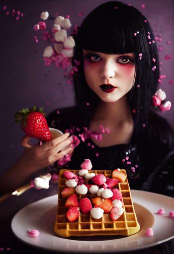 goth girl eating cute, kawaii belgian waffles for breakfast. strawberries. whipped cream. glitter. sugar. 85mm. photography. volumetric lighting. hyper realistic. 8k. high contrast. fullbody, wide angle. --ar 2:3 --test --creative