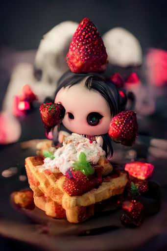 goth girl eating cute, kawaii belgian waffles for breakfast. strawberries. whipped cream. glitter. sugar. 85mm. photography. volumetric lighting. hyper realistic. 8k. high contrast. fullbody, wide angle. --ar 2:3