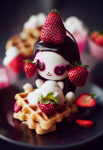 goth girl eating cute, kawaii belgian waffles for breakfast. strawberries. whipped cream. glitter. sugar. 85mm. photography. volumetric lighting. hyper realistic. 8k. high contrast. fullbody, wide angle. --ar 2:3 --test --creative