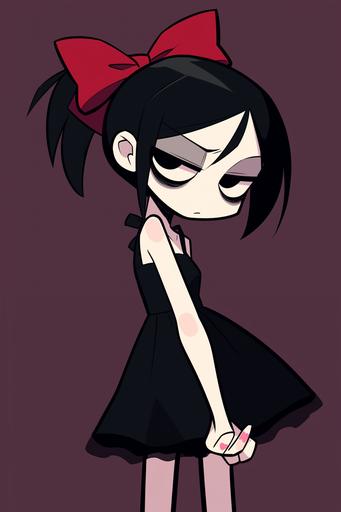 goth girl with a red ribbon. meme cartoon. speedoru. --niji 6 --style raw --ar 2:3