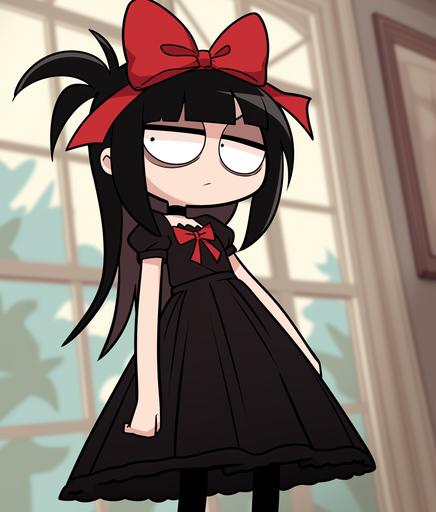 goth girl with a red ribbon. meme cartoon. speedoru. --niji 6 --style raw --ar 63:74