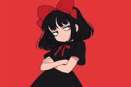 goth girl with a red ribbon. meme cartoon. speedoru. --ar 3:2 --niji 6 --style raw