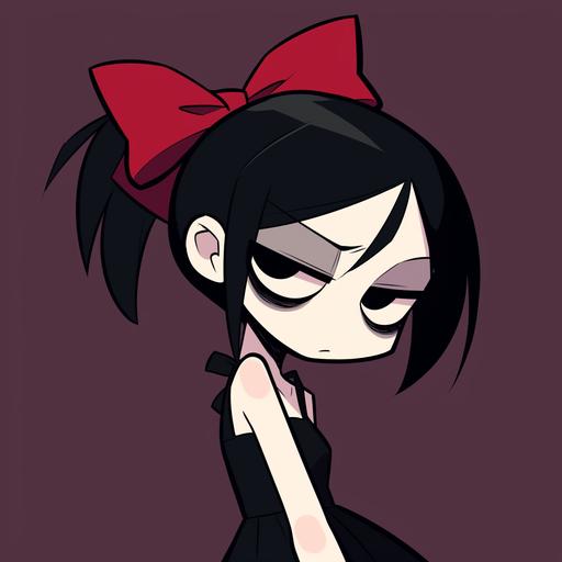 goth girl with a red ribbon. meme cartoon. speedoru. --niji 6 --style raw