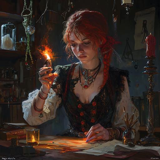 goth redhead transwomen casting all sorts of spells in a dark room, mostly 