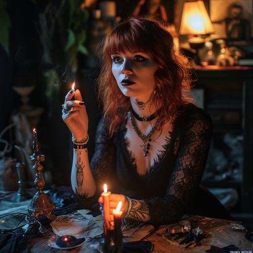 goth redhead transwomen casting all sorts of spells in a dark room, mostly 