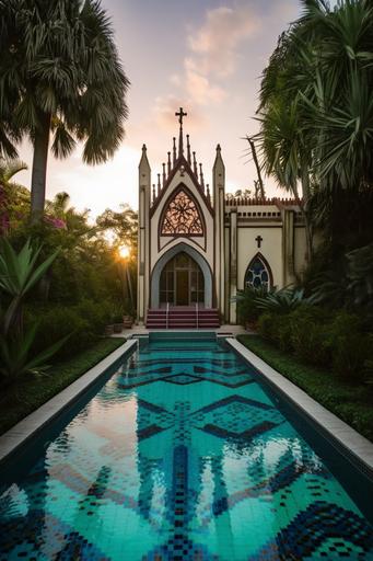 gothic cathedral filled with a flowing river through the middle with pool tiles. A metal ladder goes into the pool. The pool is surrounded by grass, flowers, and tropical plants. Palm trees poke through the ornate archway windows. Sunrise lighting --ar 2:3 --v 5