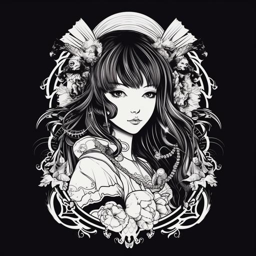 gothic japanese anime girl, t-shirt design vector contour --v 5.1