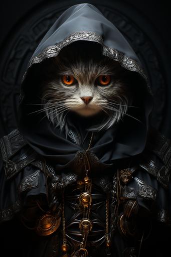 gothic magic realism epic humanoid kitty cat wearing a cloak with a hood inspired by Lovecraft, in style of Gottfried Helnwein, by Emil Melmoth, by HR Giger, by Dariusz Zawadzki, by Ilya Kuvshinov, hyperrealistic, 8k, insanely detailed, fashion photo, octane render, unreal render, dynamic lighting, particles, ambience --ar 2:3 --stylize 1000 --q 2