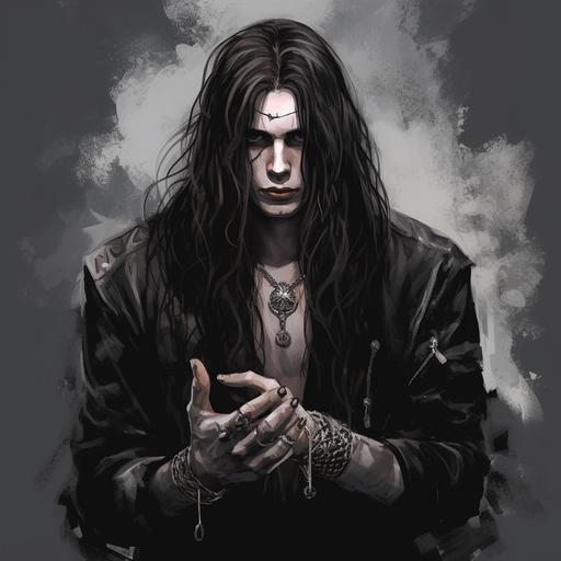 gothic male, grunge style, goth style, rock hand sign, silver jewelries, long hair, middle part, black pallette, illustrator