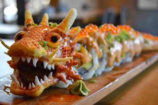 gourmet sushi loong dragon head roll, eye roll, tounge flick, fish egg topping. Dragon dragon it's an effing dragon --ar 3:2 --v 6.0