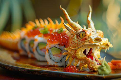 gourmet sushi loong dragon head roll, eye roll, tounge flick, fish egg topping. Dragon dragon it's an effing dragon --ar 3:2 --v 6.0