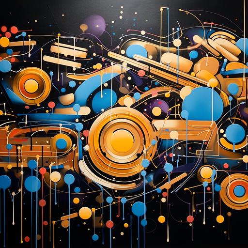 graffiti art with gold and cute images, bright colors, abstract art