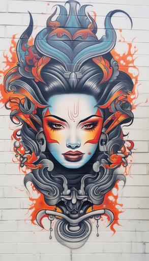 graffiti in a street mural of a geisha head, in tribal flames, runecore tribal tattoo style, colorful, viking, runecore, white background --no splash --ar 4:7 --v 5.2