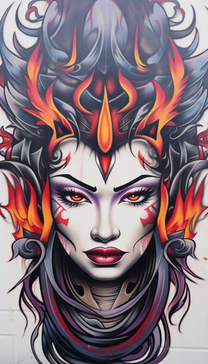 graffiti in a street mural of a geisha head, in tribal flames, runecore tribal tattoo style, colorful, viking, runecore, white background --no splash --ar 4:7 --v 5.2