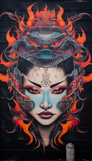 graffiti in a street mural of an angelic geisha head, in tribal flames, runecore tribal tattoo style, colorful, japanese, kanjicore --no splash --ar 4:7 --v 5.2