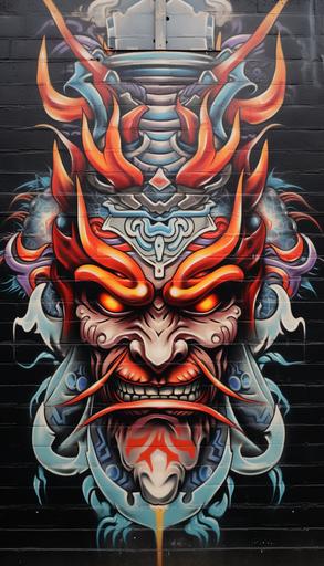 graffiti in a street mural of an armored samurai head, in tribal flames, runecore tribal tattoo style, colorful, viking, runecore, white background --no splash --ar 4:7 --v 5.2