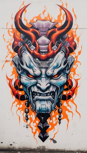 graffiti in a street mural of an armored samurai head, in tribal flames, runecore tribal tattoo style, colorful, viking, runecore, white background --no splash --ar 4:7 --v 5.2