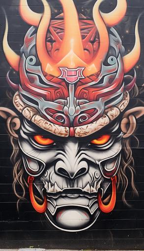 graffiti in a street mural of an armored samurai head, in tribal flames, runecore tribal tattoo style, colorful, viking, runecore, white background --no splash --ar 4:7 --v 5.2