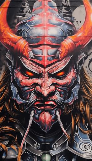 graffiti in a street mural of an armored samurai head, in tribal flames, runecore tribal tattoo style, colorful, viking, runecore, white background --no splash --ar 4:7 --v 5.2