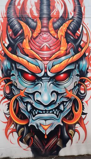 graffiti in a street mural of demon armored samurai head, in tribal flames, runecore tribal tattoo style, colorful, viking, runecore, white background --no splash --ar 4:7 --v 5.2