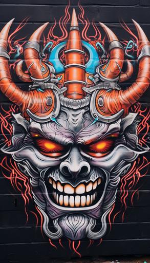 graffiti in a street mural of demon armored samurai head, in tribal flames, runecore tribal tattoo style, colorful, viking, runecore, white background --no splash --ar 4:7 --v 5.2