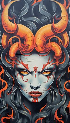 graffiti in a street mural of demon geisha head, in tribal flames, runecore tribal tattoo style, colorful, viking, runecore, white background --no splash --ar 4:7 --v 5.2